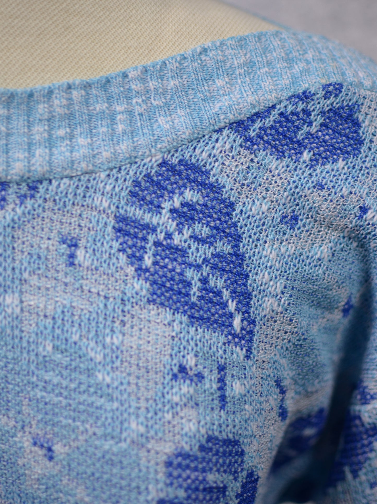 1980s blue monstera leaf pattern boat neck jumper