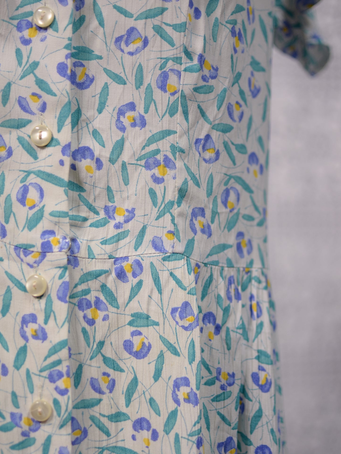 1990s St Michael white, blue and green floral pattern button through short sleeve midi dress