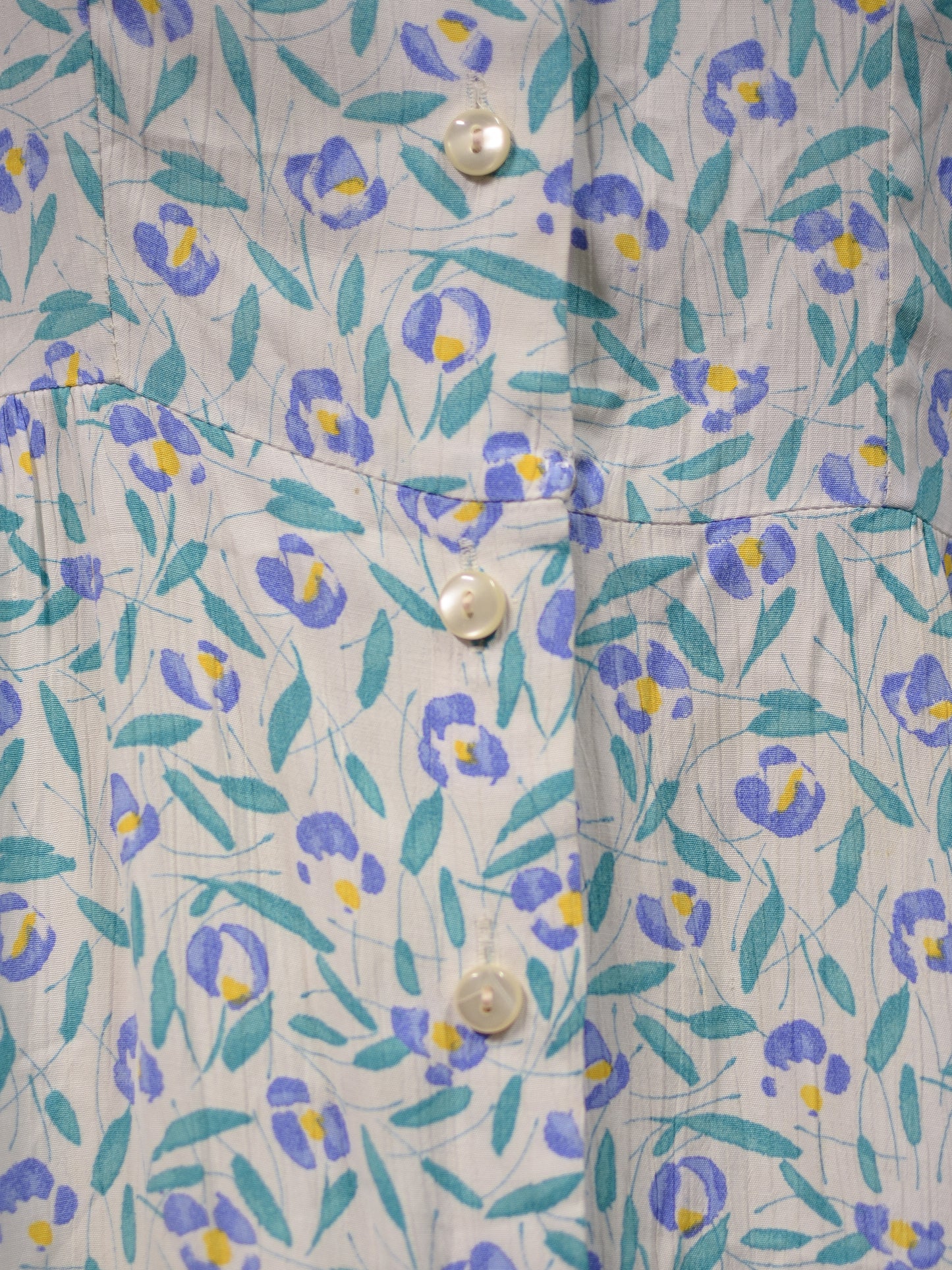 1990s St Michael white, blue and green floral pattern button through short sleeve midi dress