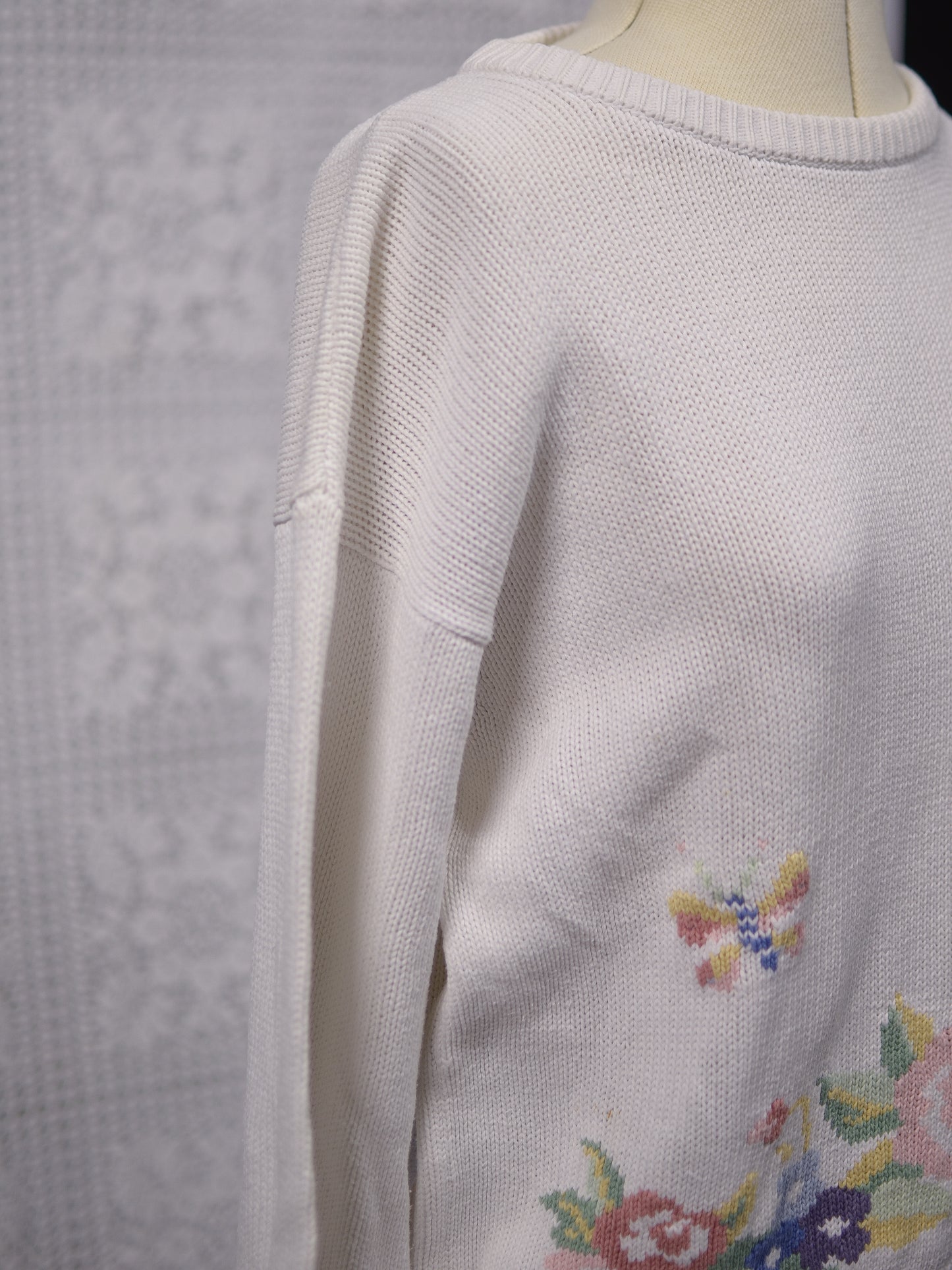 1990s Tulchan white floral and butterfly cotton jumper