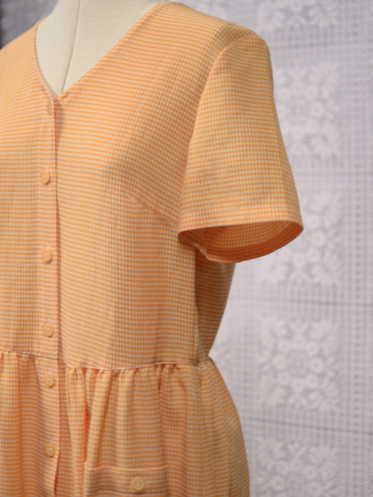 1990s St Michael orange and white gingham button through maxi dress with pockets