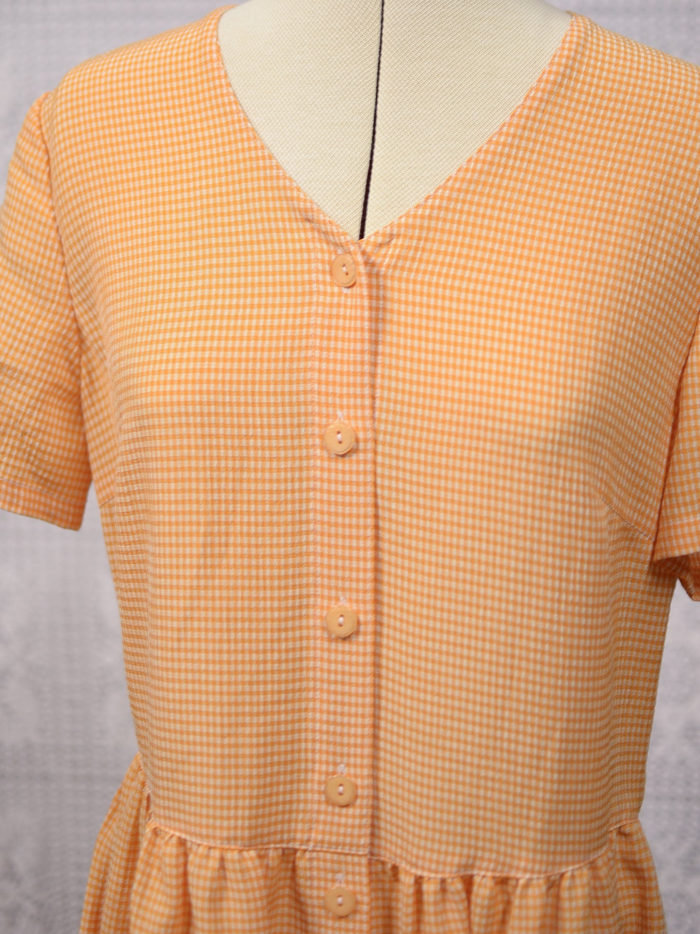1990s St Michael orange and white gingham button through maxi dress with pockets