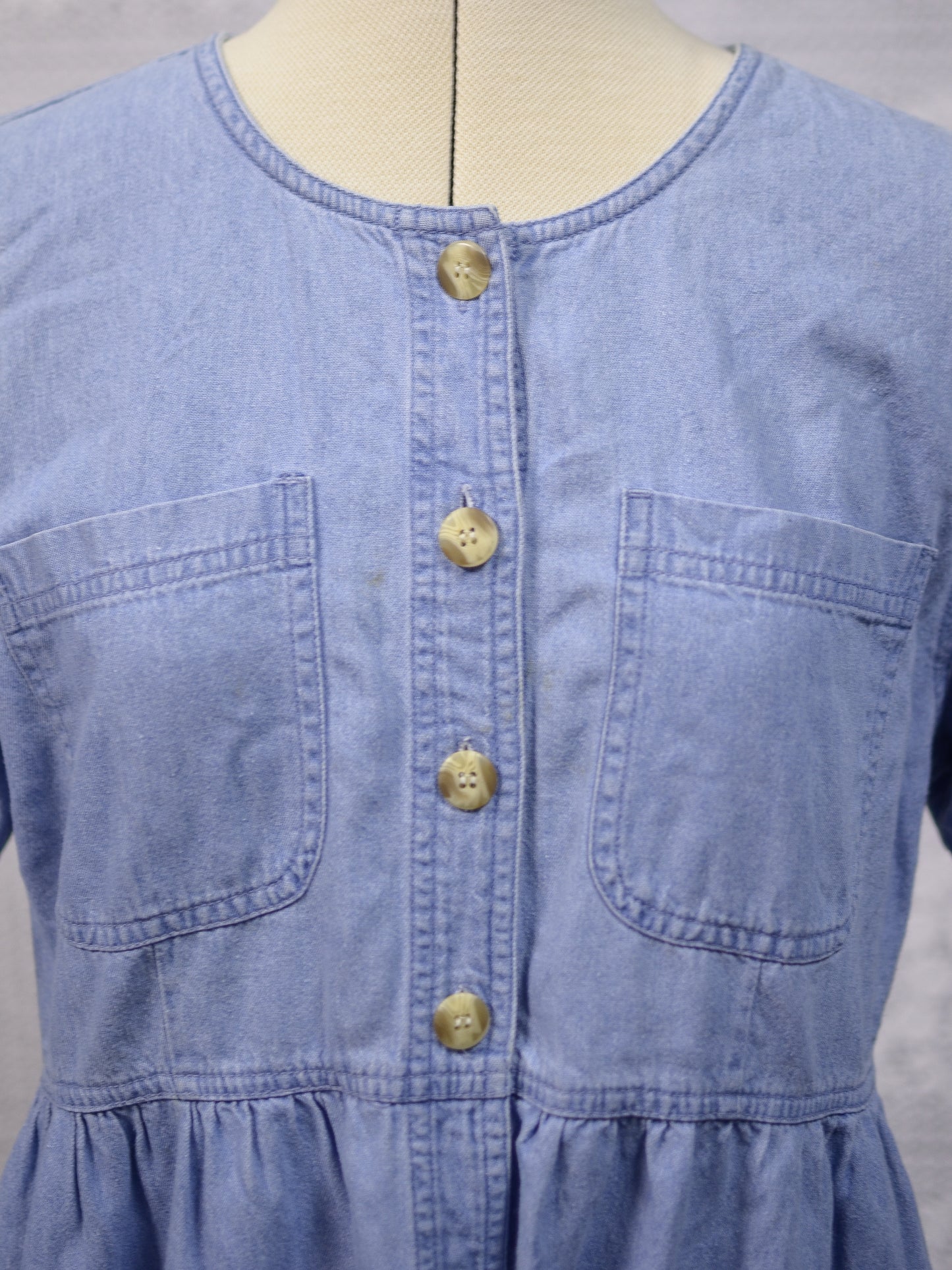 1990s light blue denim button through short sleeve maxi smock dress