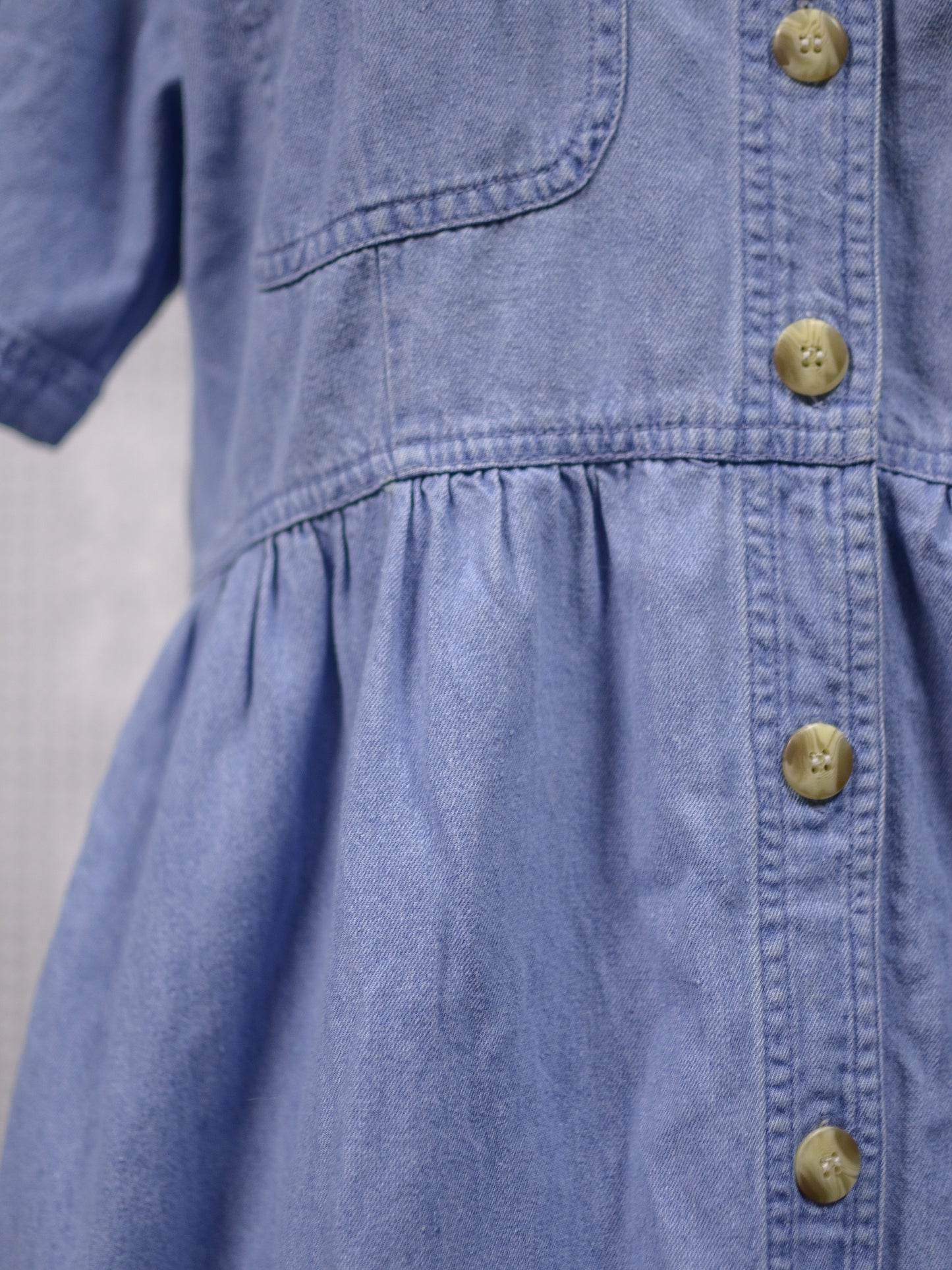 1990s light blue denim button through short sleeve maxi smock dress