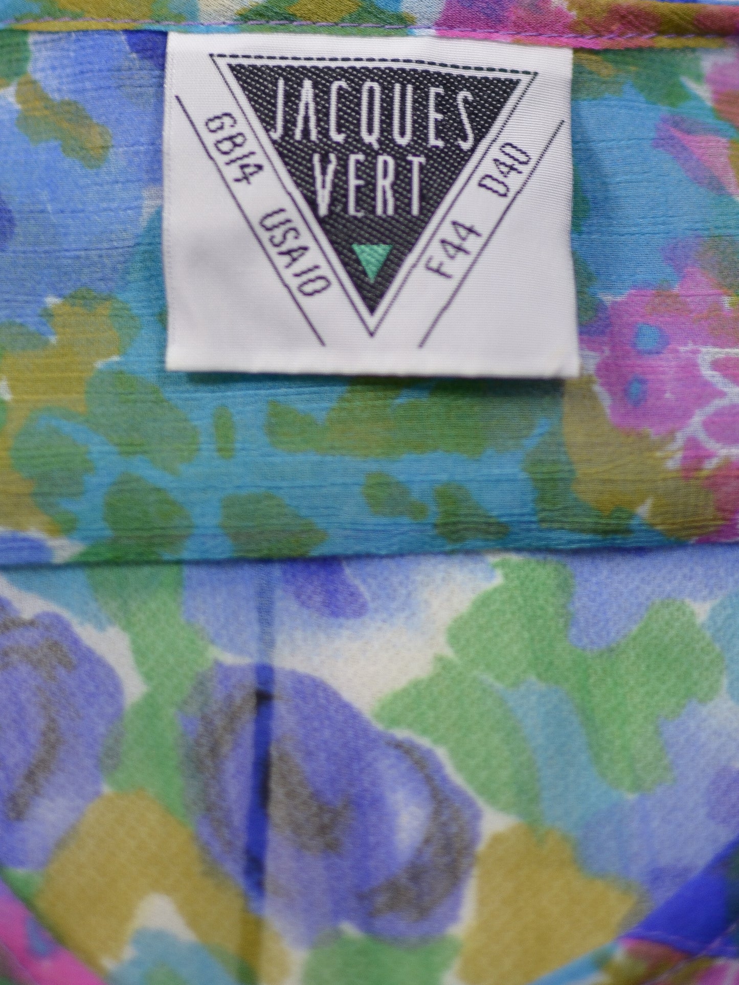 1980s blue, pink and green floral sheer button-up tie waist short sleeve blouse