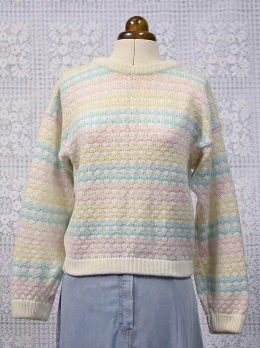 1980s pastel pink, yellow and blue striped jumper