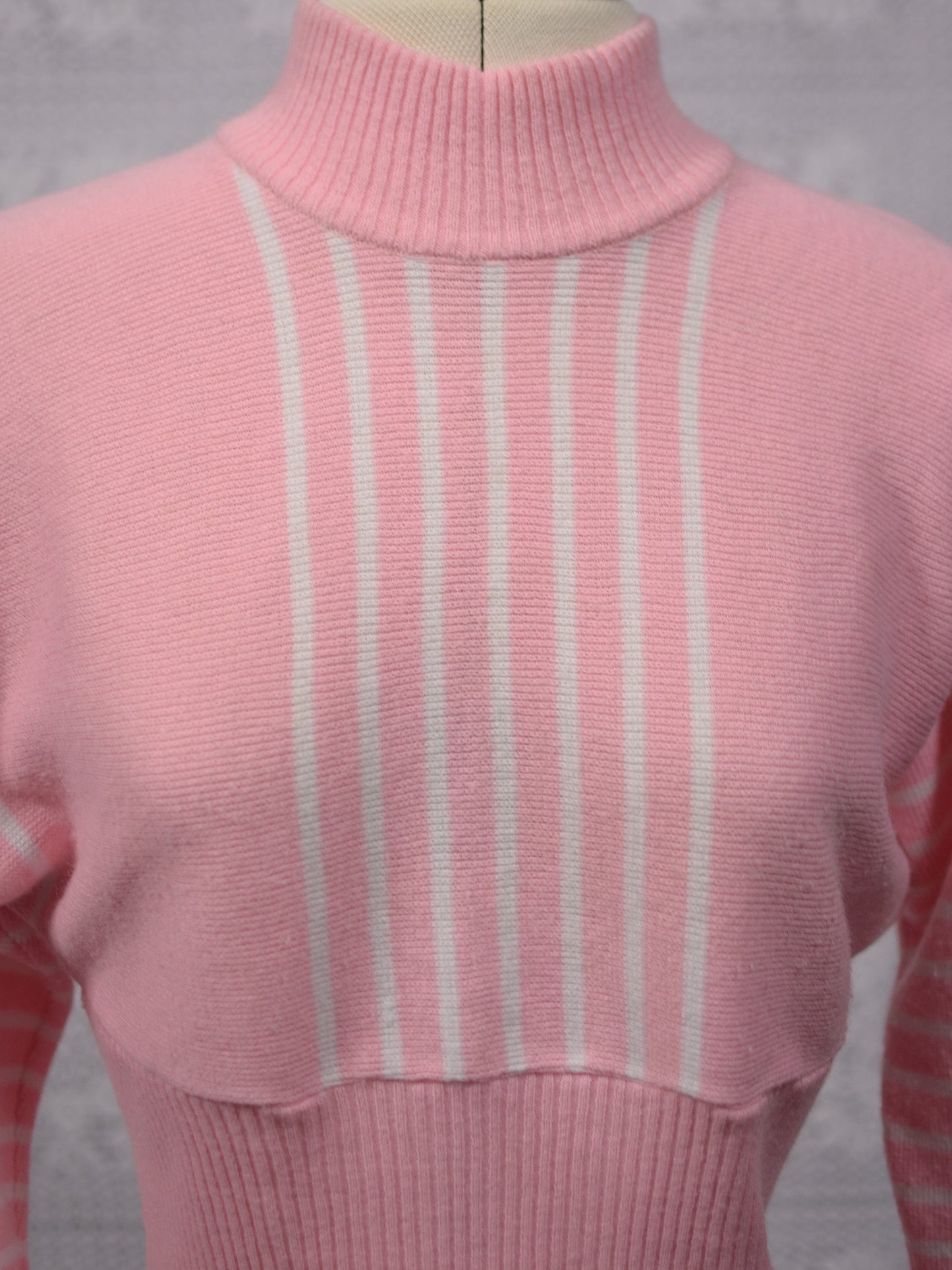 1960s St Michael orlon baby pink and white striped high neck cropped jumper