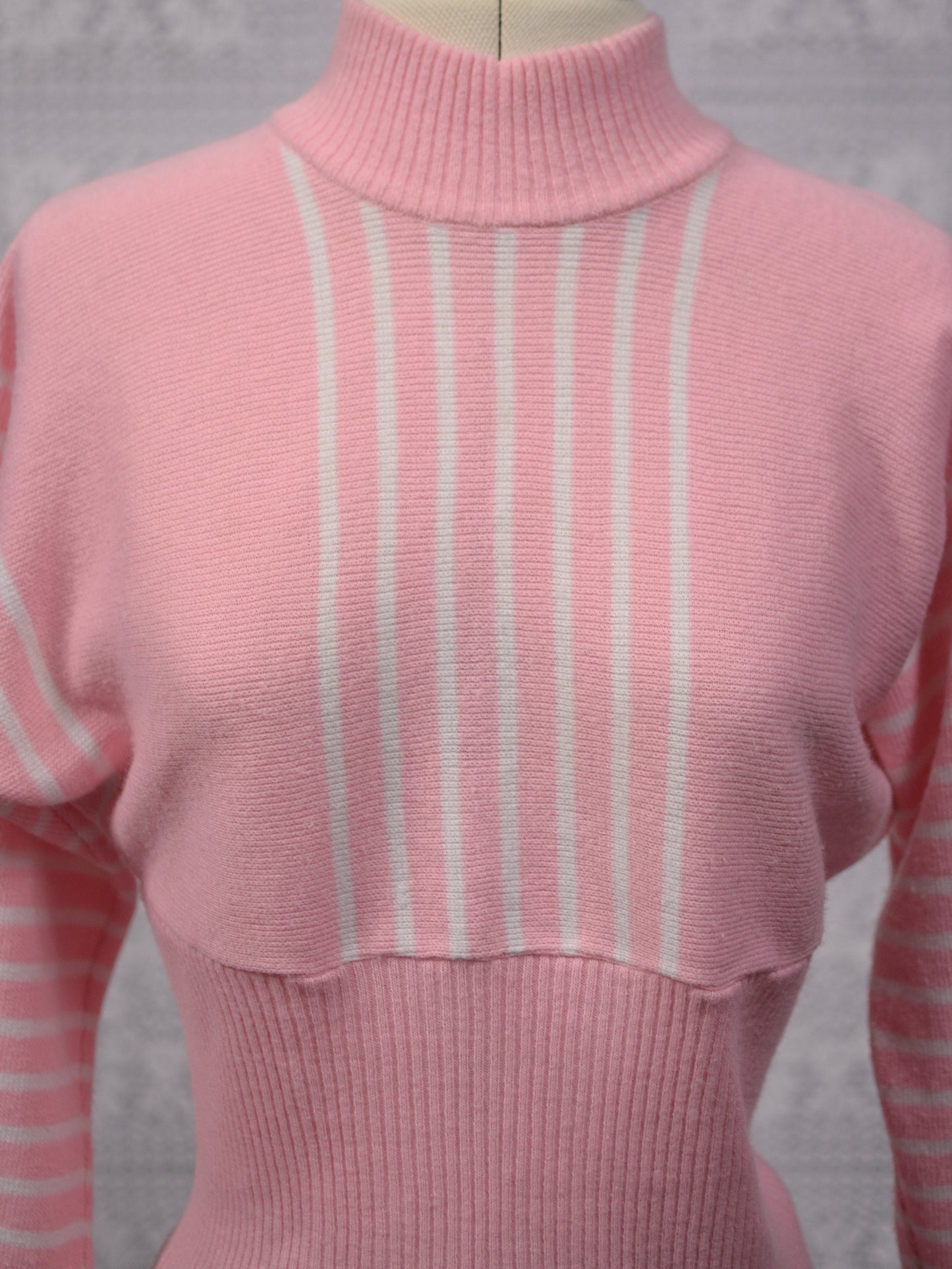 1960s St Michael orlon baby pink and white striped high neck cropped jumper