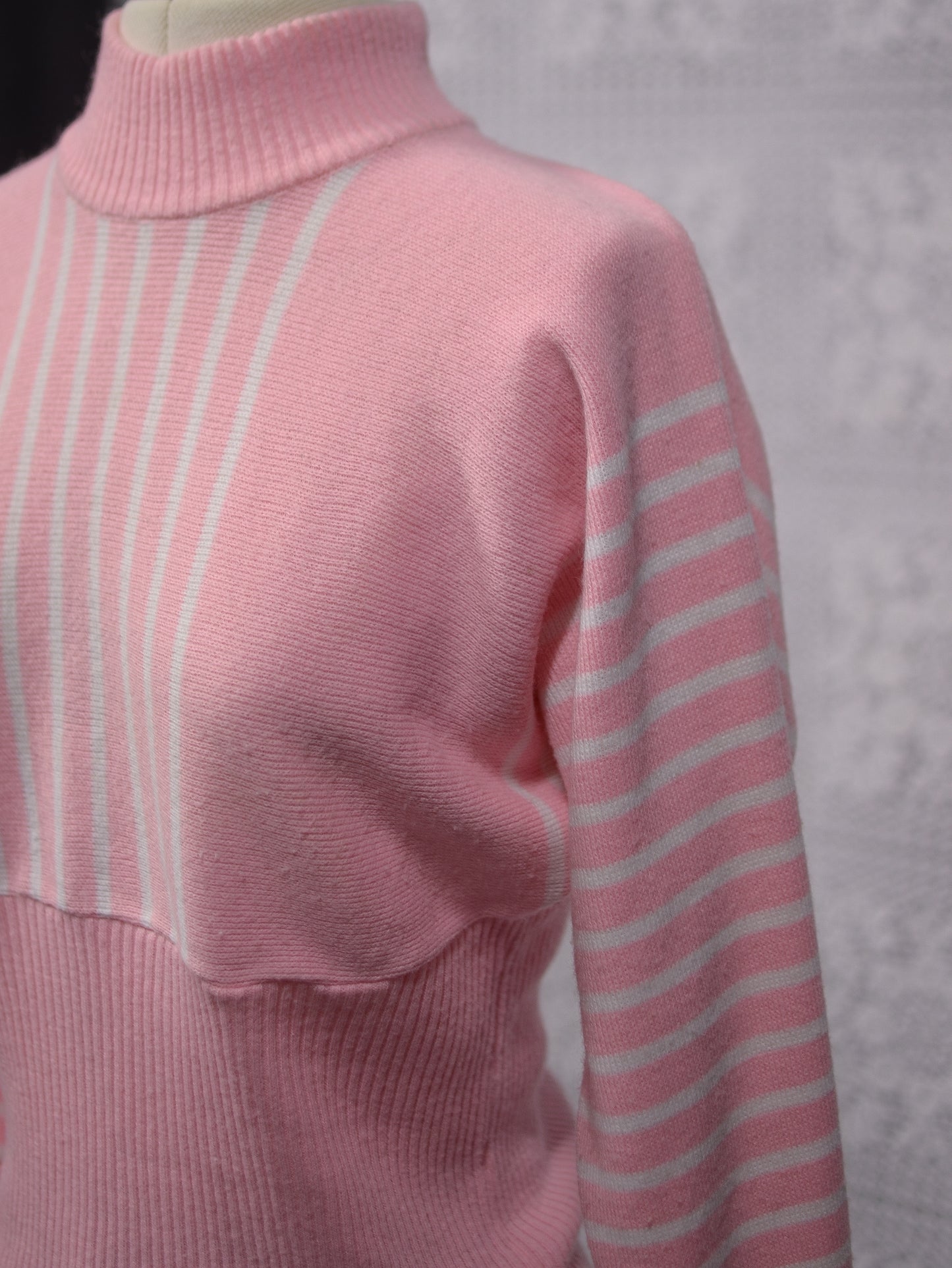1960s St Michael orlon baby pink and white striped high neck cropped jumper