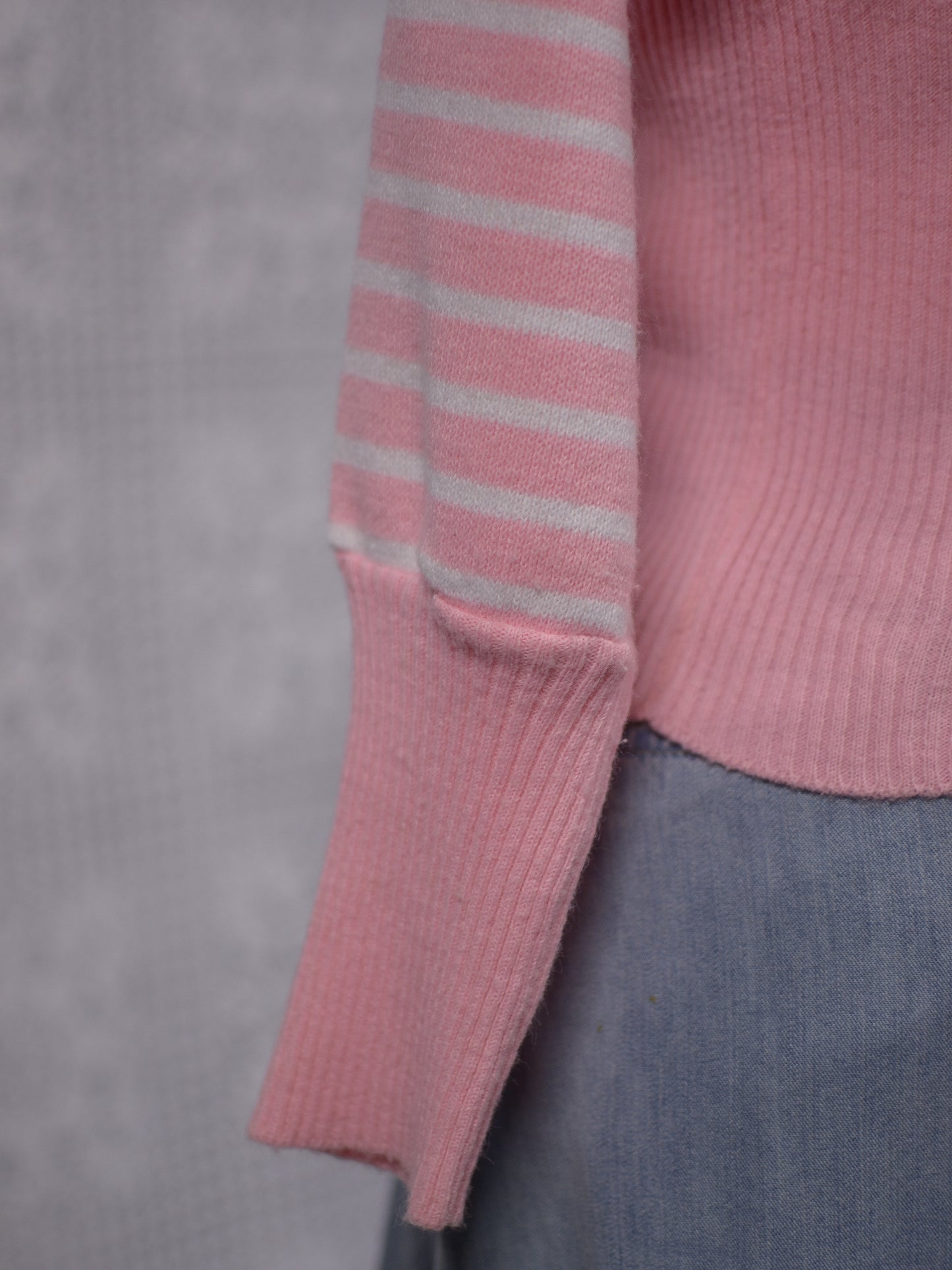 1960s St Michael orlon baby pink and white striped high neck cropped jumper