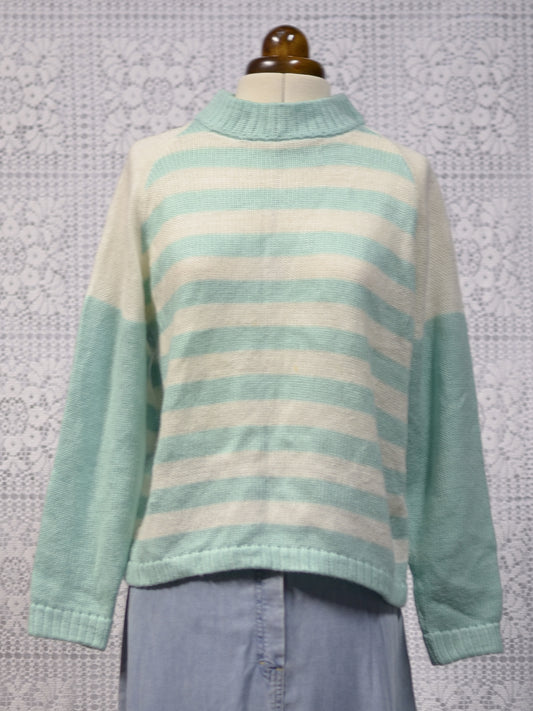 1990s mint green and cream striped colour block jumper