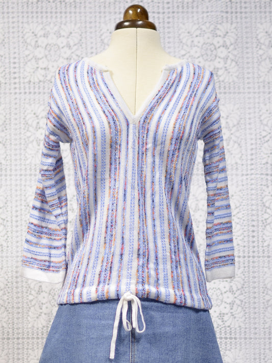 1970s Wolsey white, blue and orange stripe v-neck 3/4 length sleeve jumper