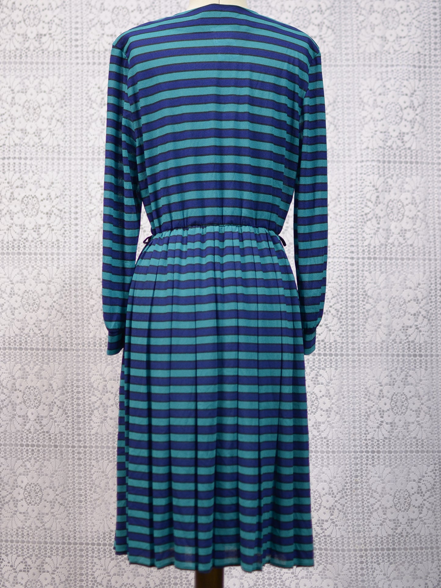 1980s St Michael blue and green striped long sleeve pleated midi dress