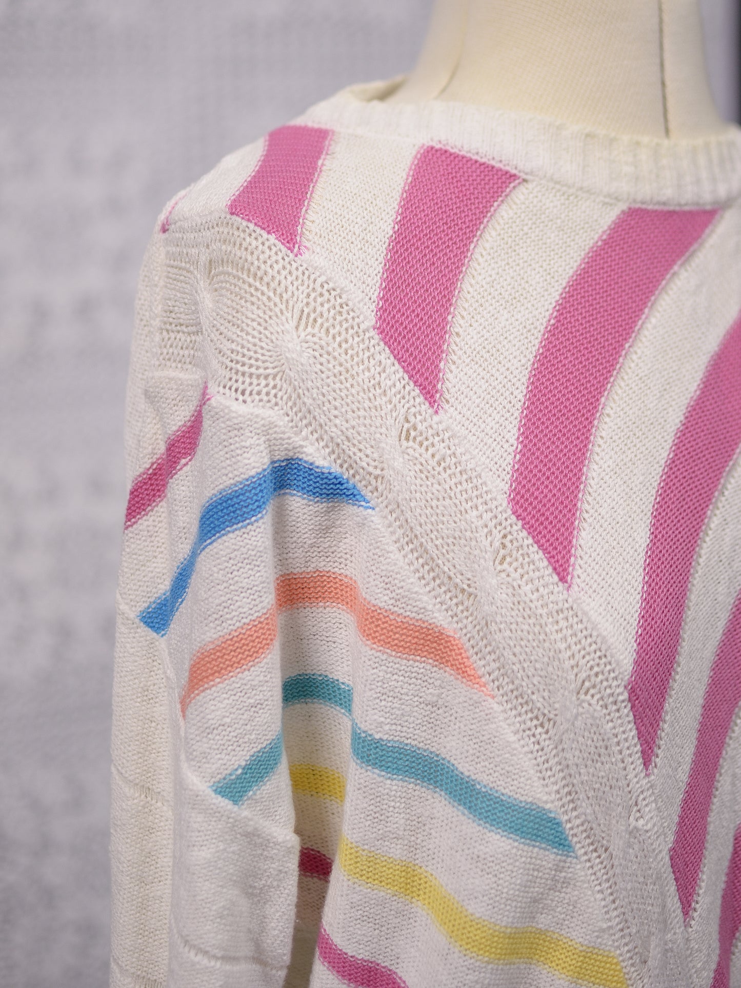 1980s Jaeger white, pink and rainbow diagonal stripe cotton jumper