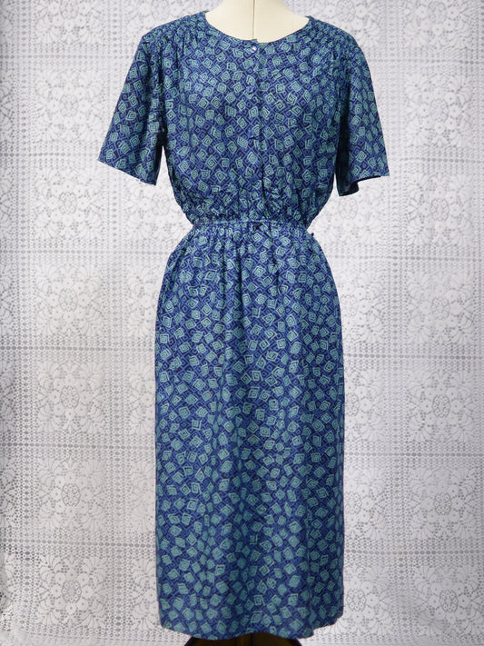 1990s St Michael blue and green abstract pattern short sleeve maxi dress