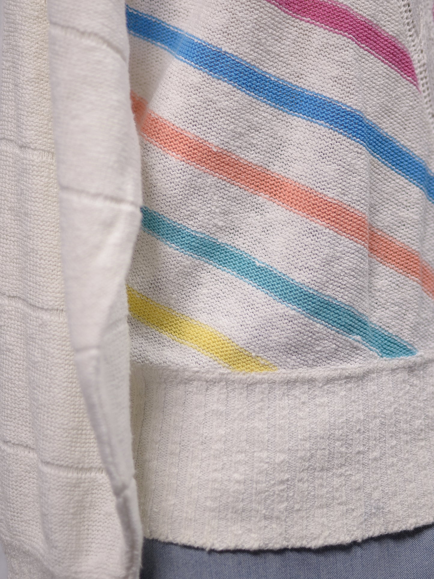 1980s Jaeger white, pink and rainbow diagonal stripe cotton jumper