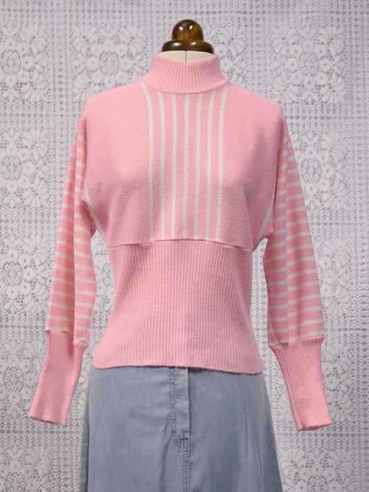 1960s St Michael orlon baby pink and white striped high neck cropped jumper