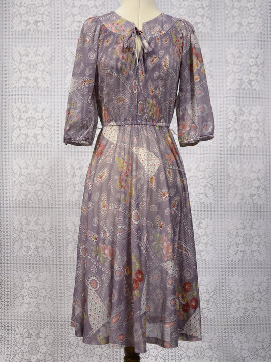 1970s light purple and brown patterned 3/4 length sleeve midi dress
