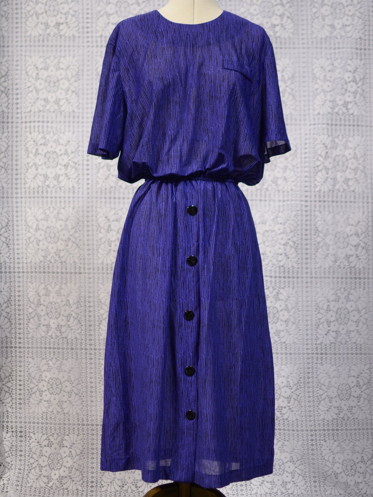 1980s purple and black striped short sleeve sheer midi dress