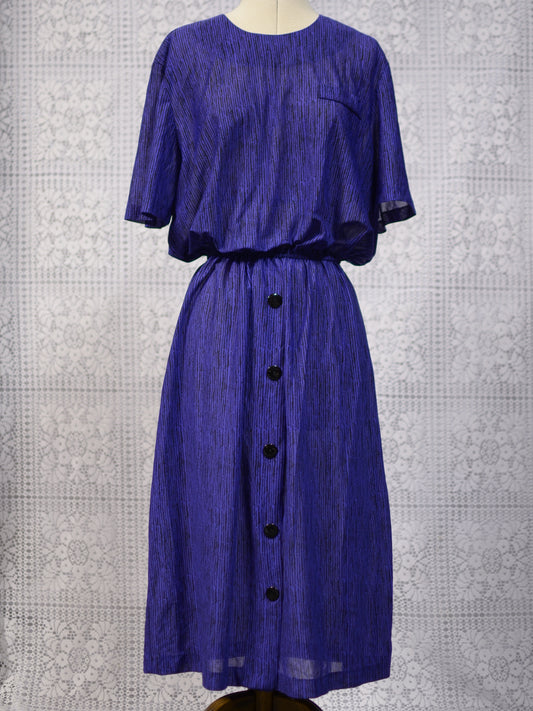 1980s purple and black striped short sleeve sheer midi dress