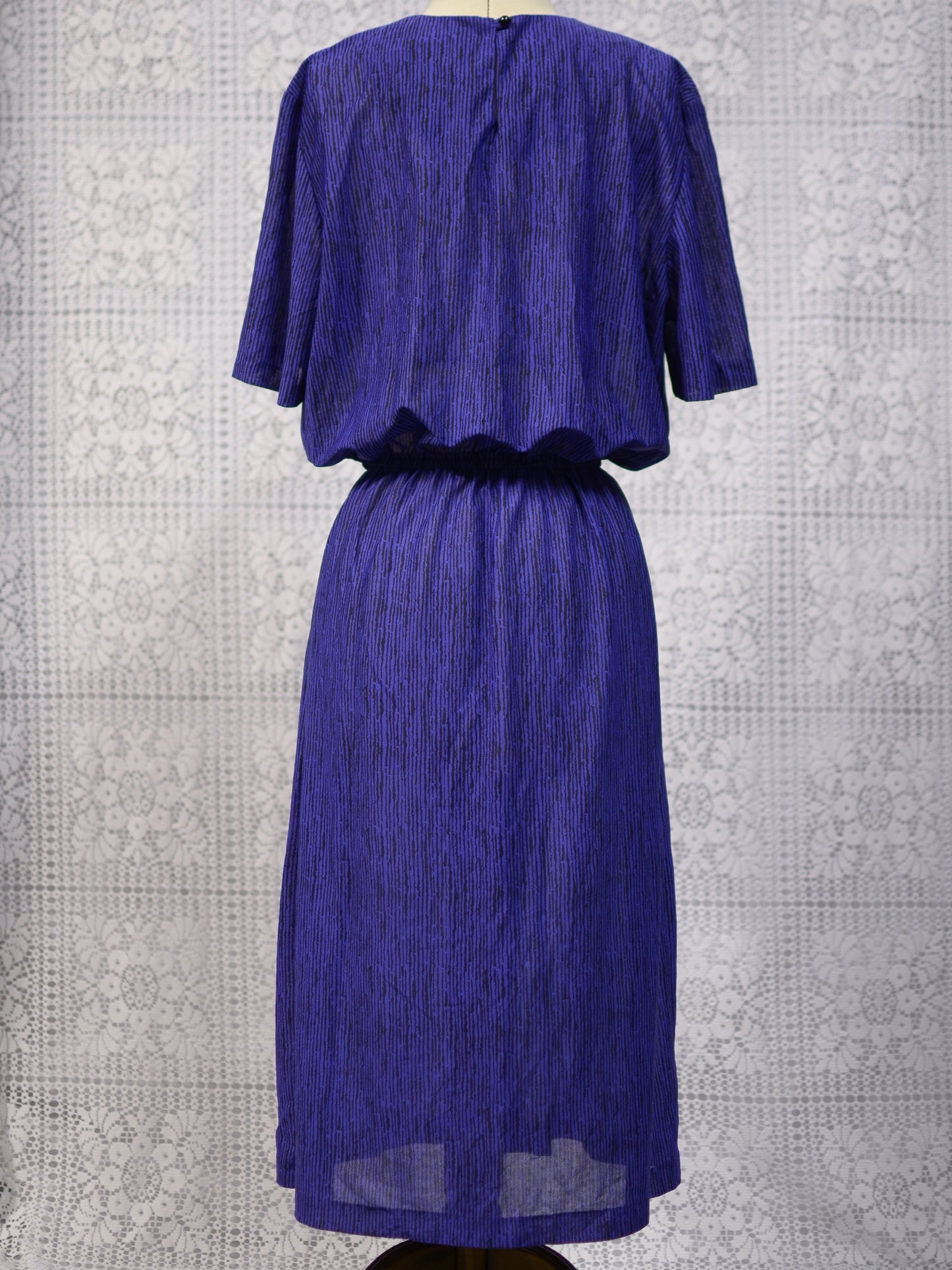 1980s purple and black striped short sleeve sheer midi dress