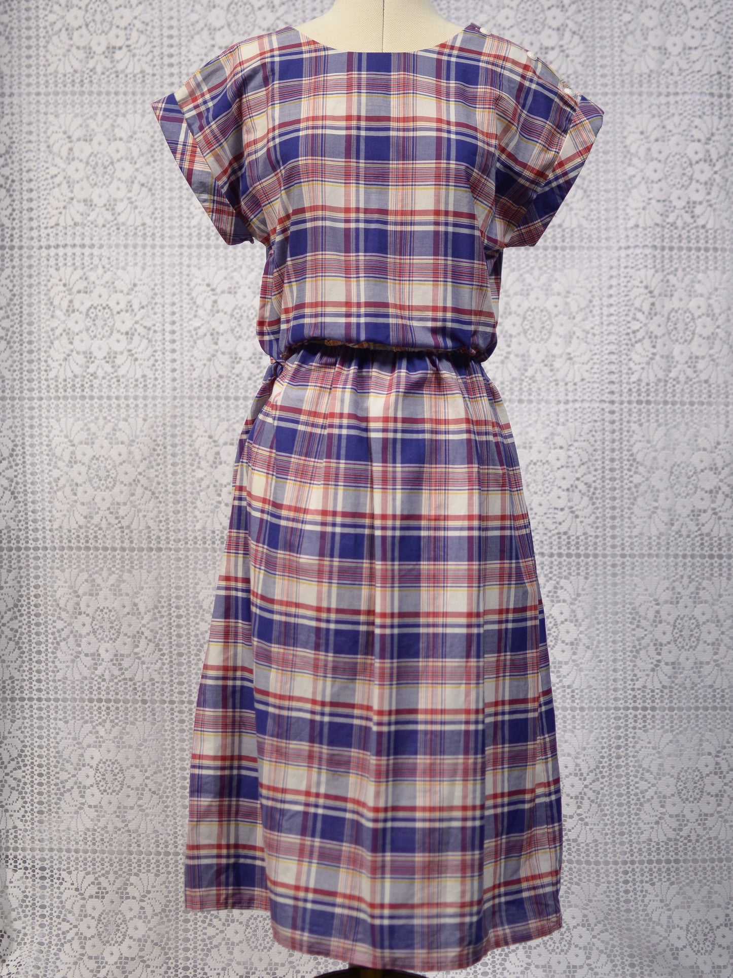 1980s C&A blue, red and yellow check midi dress