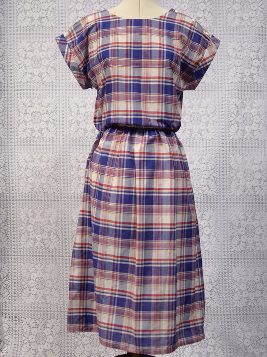 1980s C&A blue, red and yellow check midi dress
