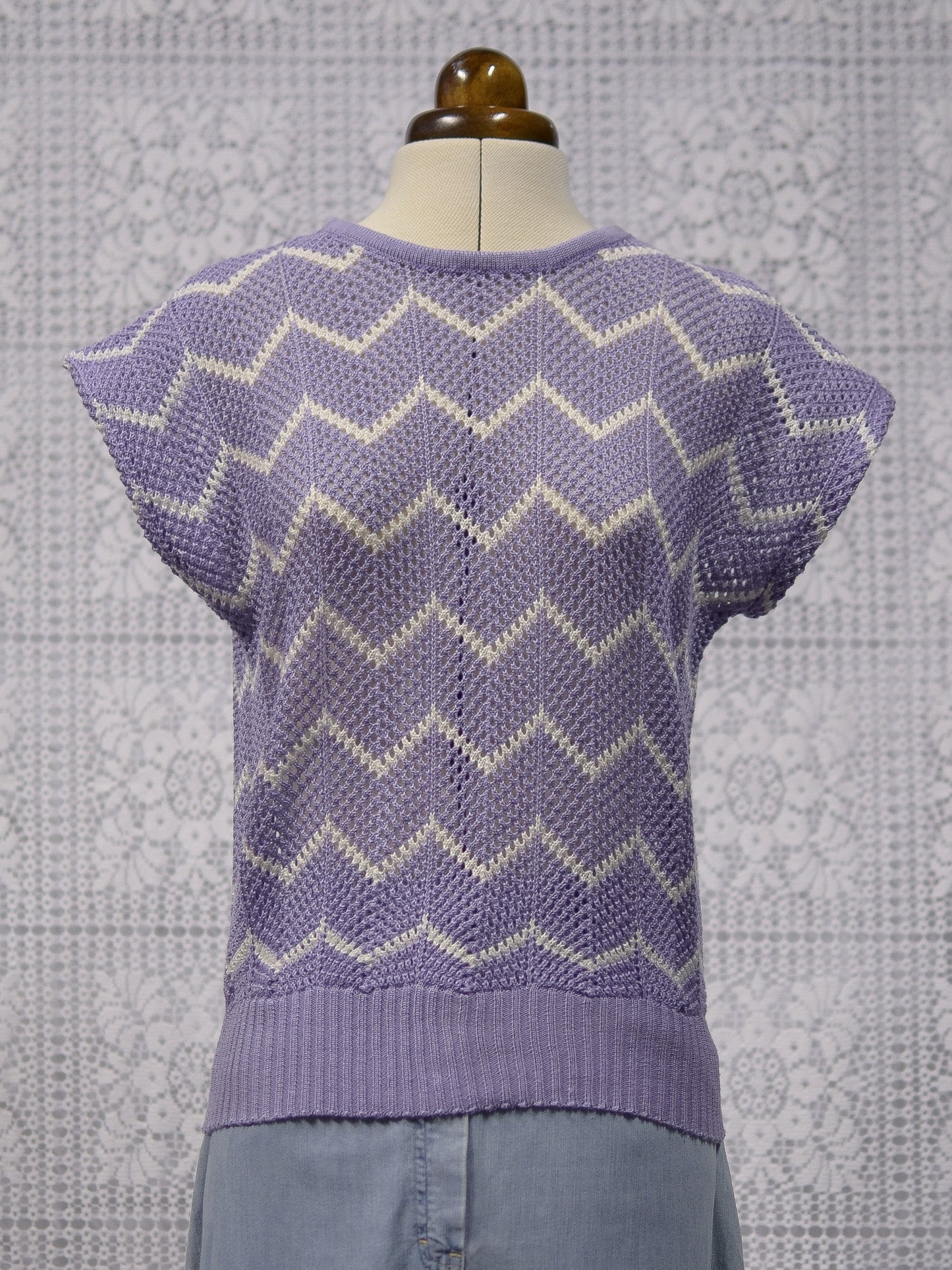 1980s lilac purple and white zigzag sleeveless crochet jumper sweater vest