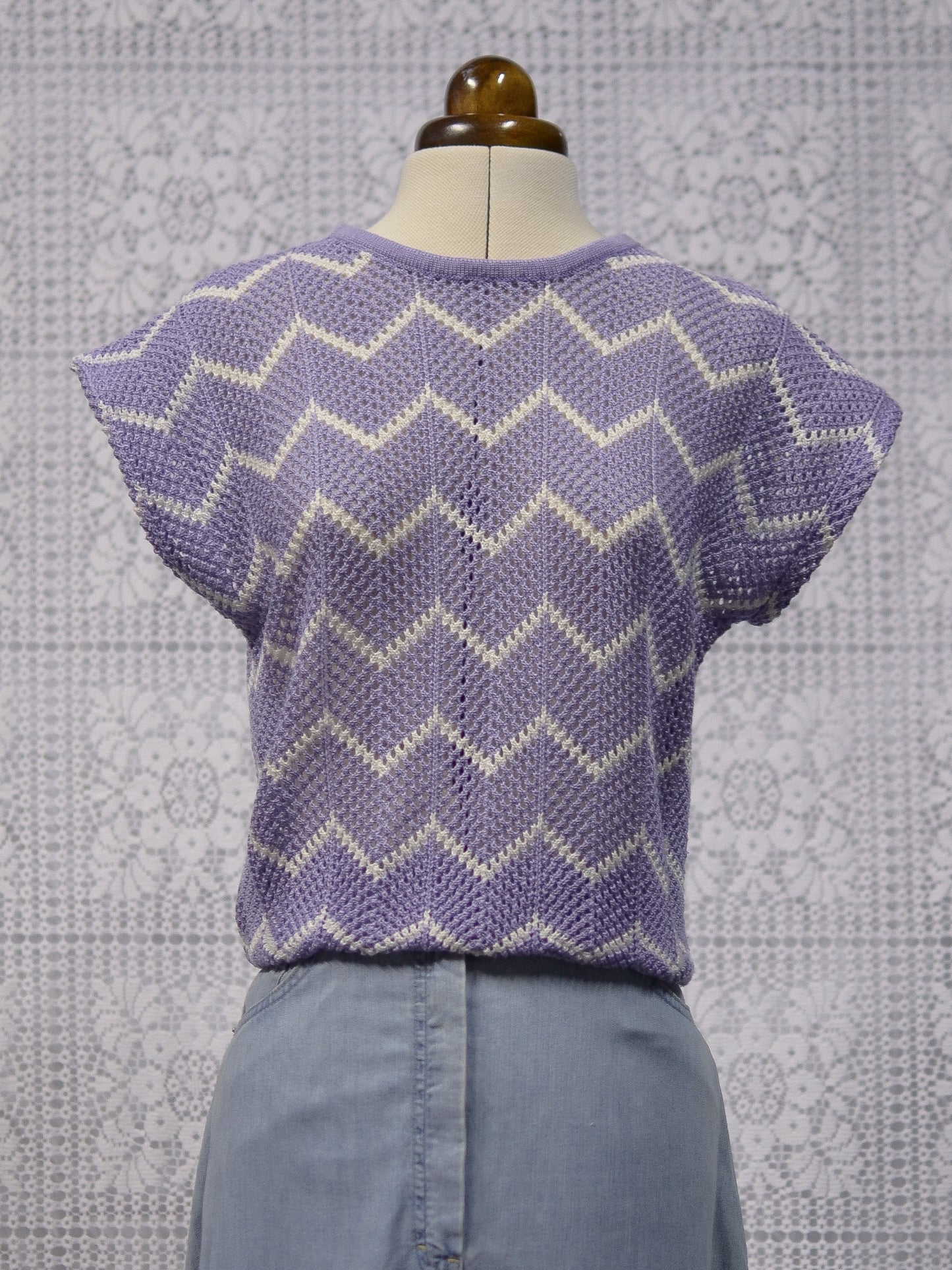 1980s lilac purple and white zigzag sleeveless crochet jumper sweater vest