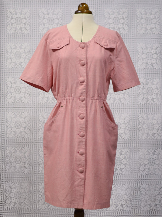 1980s dusky pink button through short sleeve dress