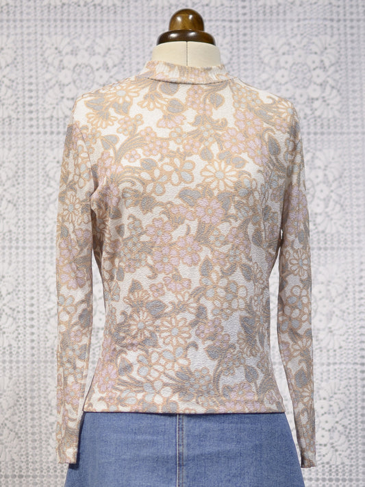 1970s cream, brown and pink floral turtleneck long sleeve jumper