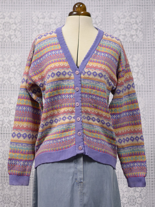 1990s Tulchan purple, pink and yellow multi fairisle style v-neck cardigan
