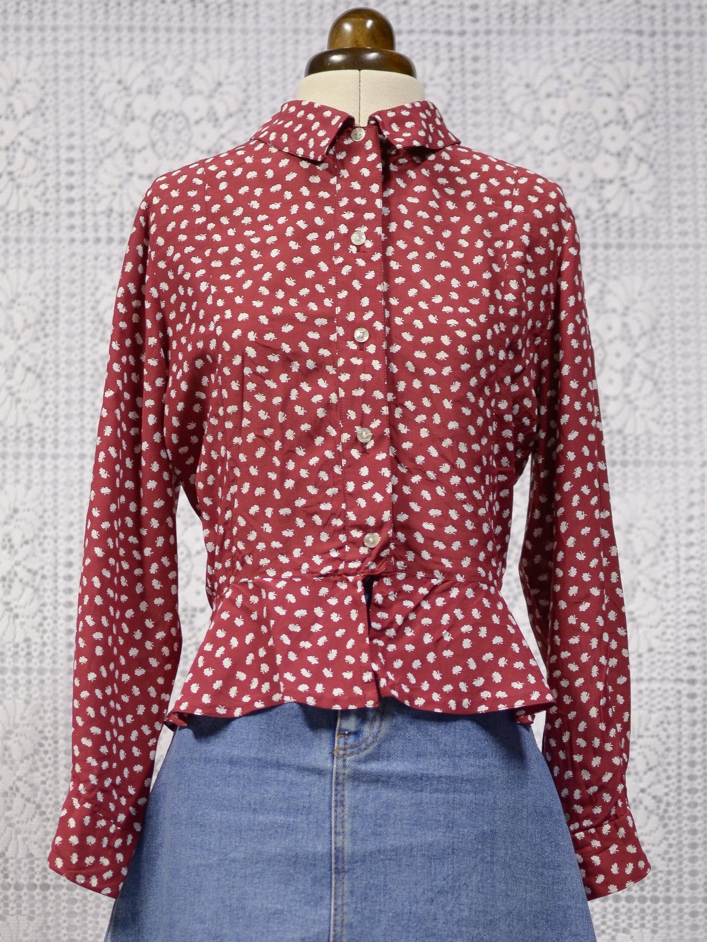 1980s dark red and white leaf print long sleeve peplum blouse