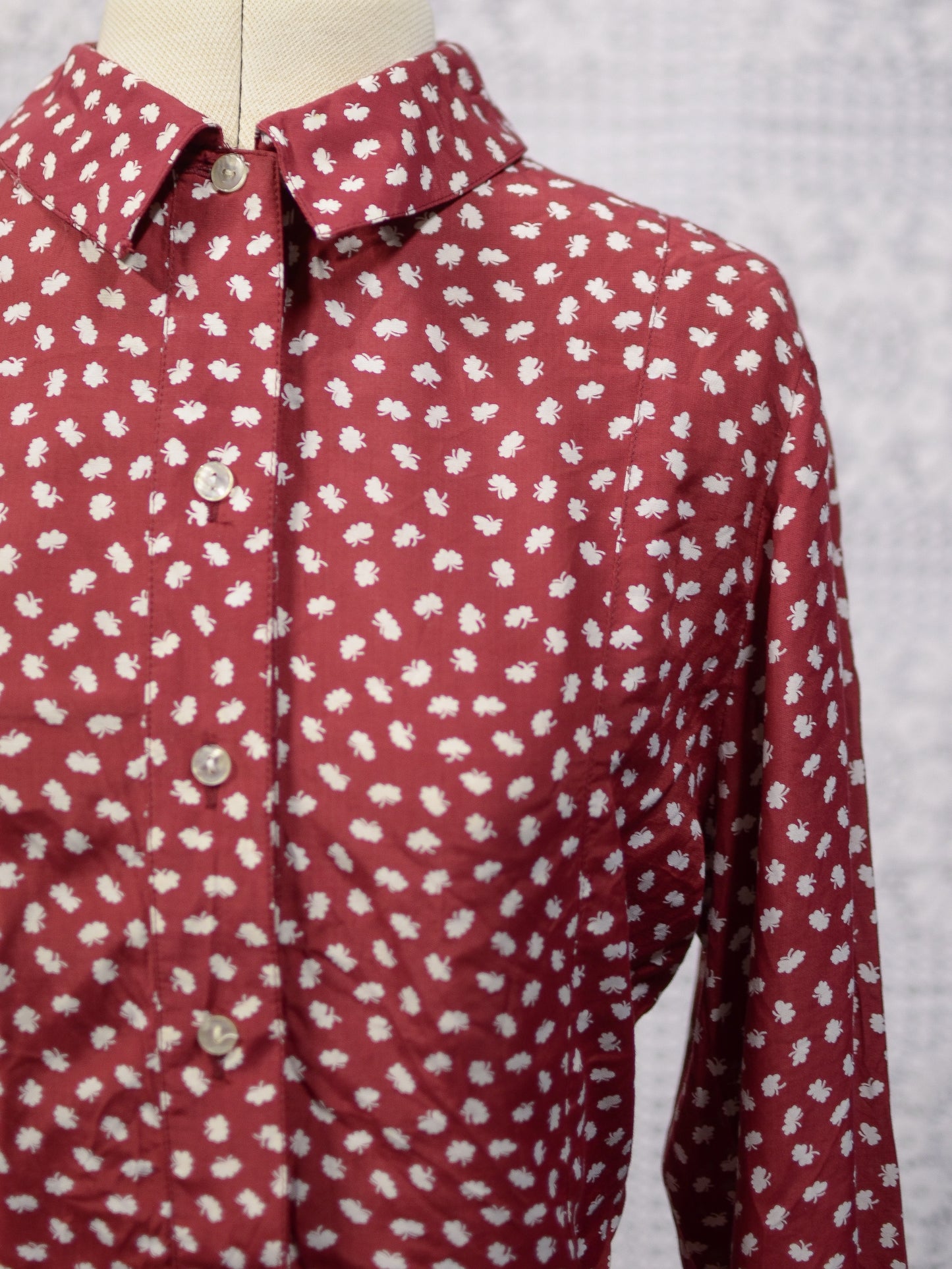 1980s dark red and white leaf print long sleeve peplum blouse