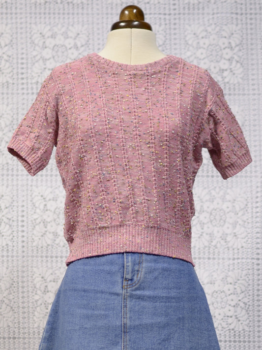 1970s dusky pink speckled textured knit short sleeve jumper