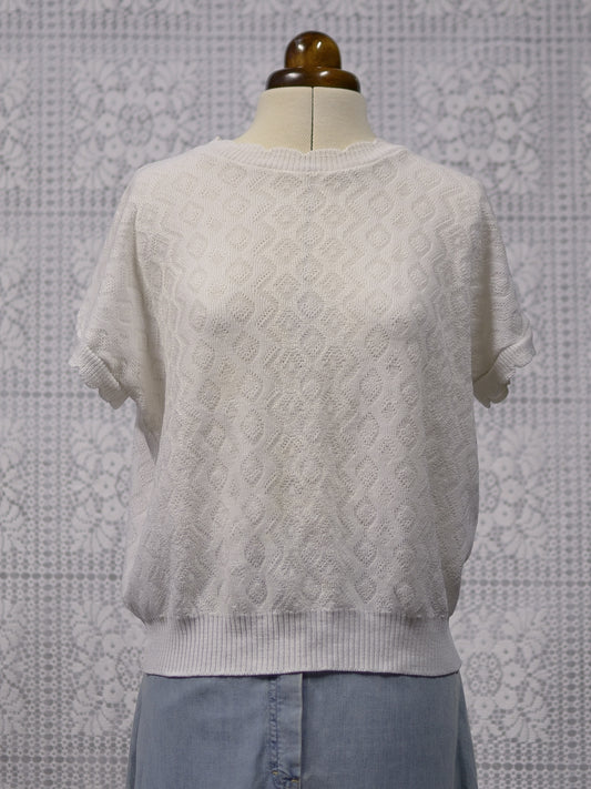 1980s white diamond patterned short sleeve jumper with scalloped edge