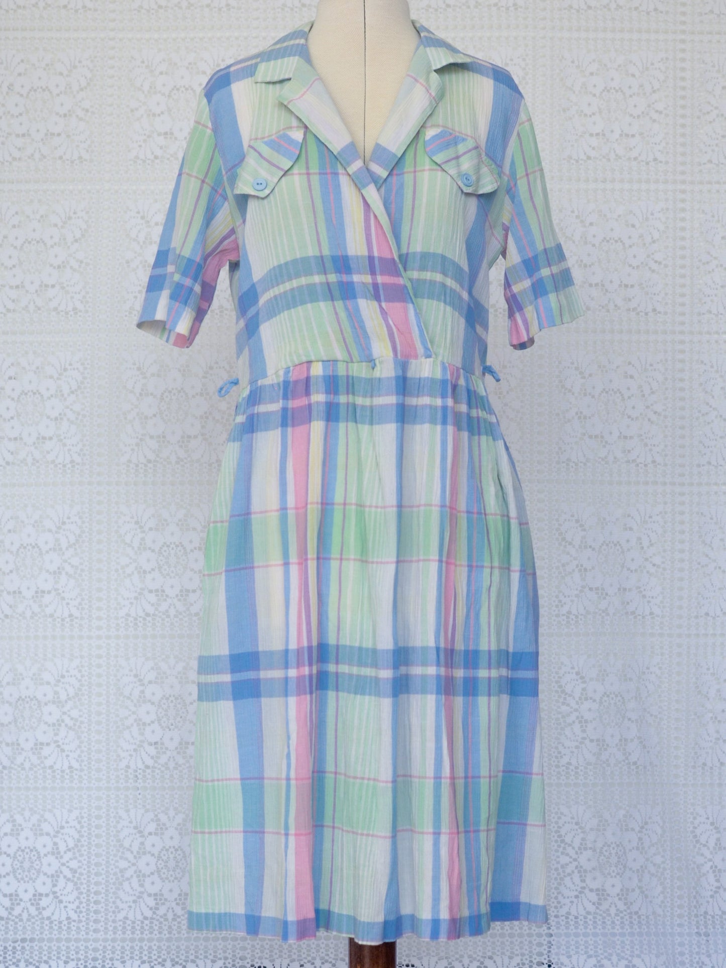 1980s St Michael pastel blue green and pink check short sleeve shirt dress