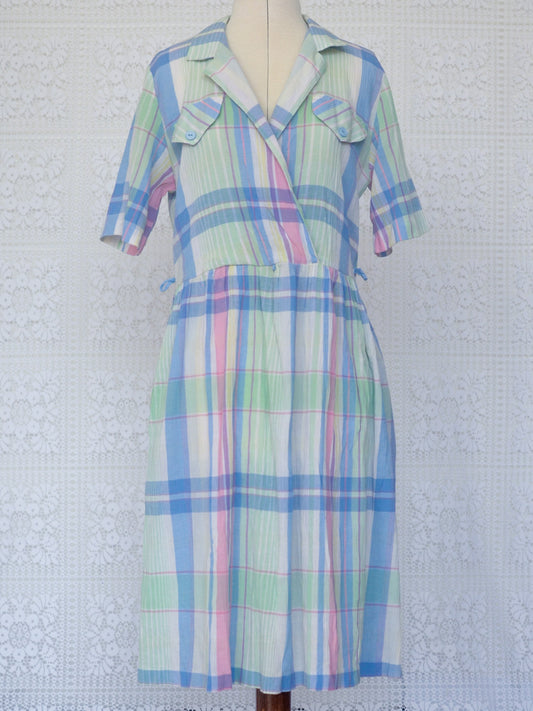 1980s St Michael pastel blue green and pink check short sleeve shirt dress