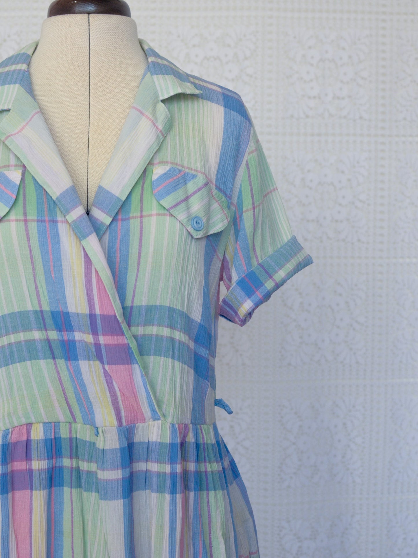 1980s St Michael pastel blue green and pink check short sleeve shirt dress