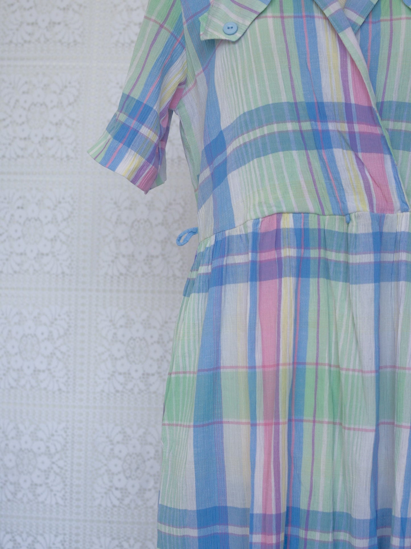 1980s St Michael pastel blue green and pink check short sleeve shirt dress