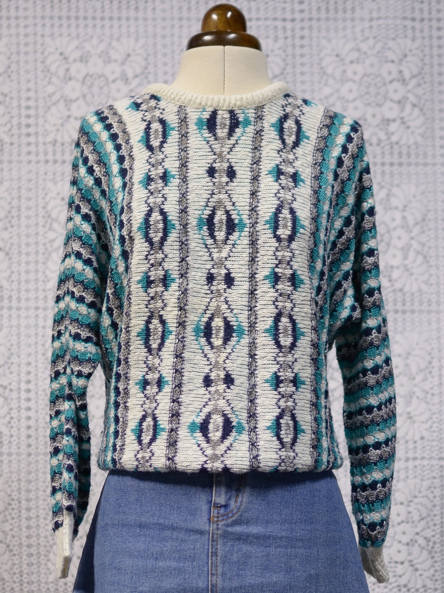 1980s white, green and blue C&A diamond pattern jumper