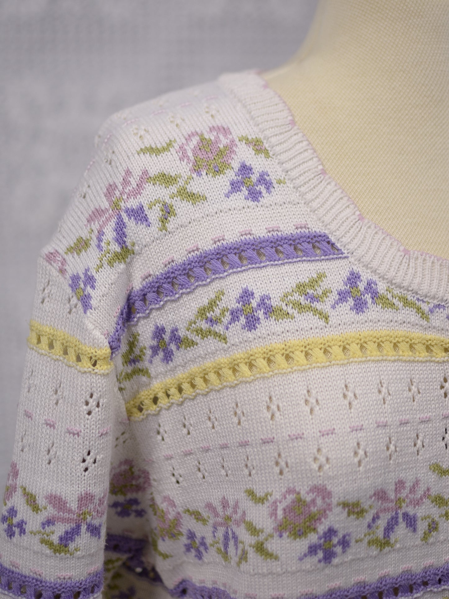 1990s St Michael cream, purple and yellow floral knitted short sleeve cardigan