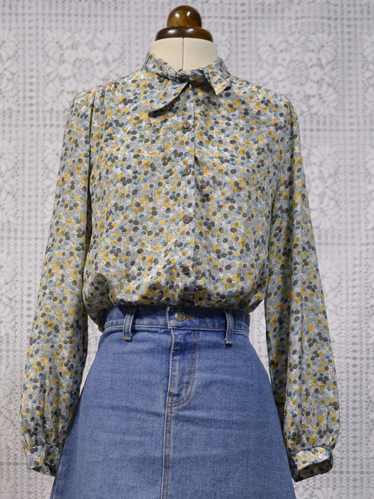 1980s C&A mustard and teal pussybow tie neck blouse