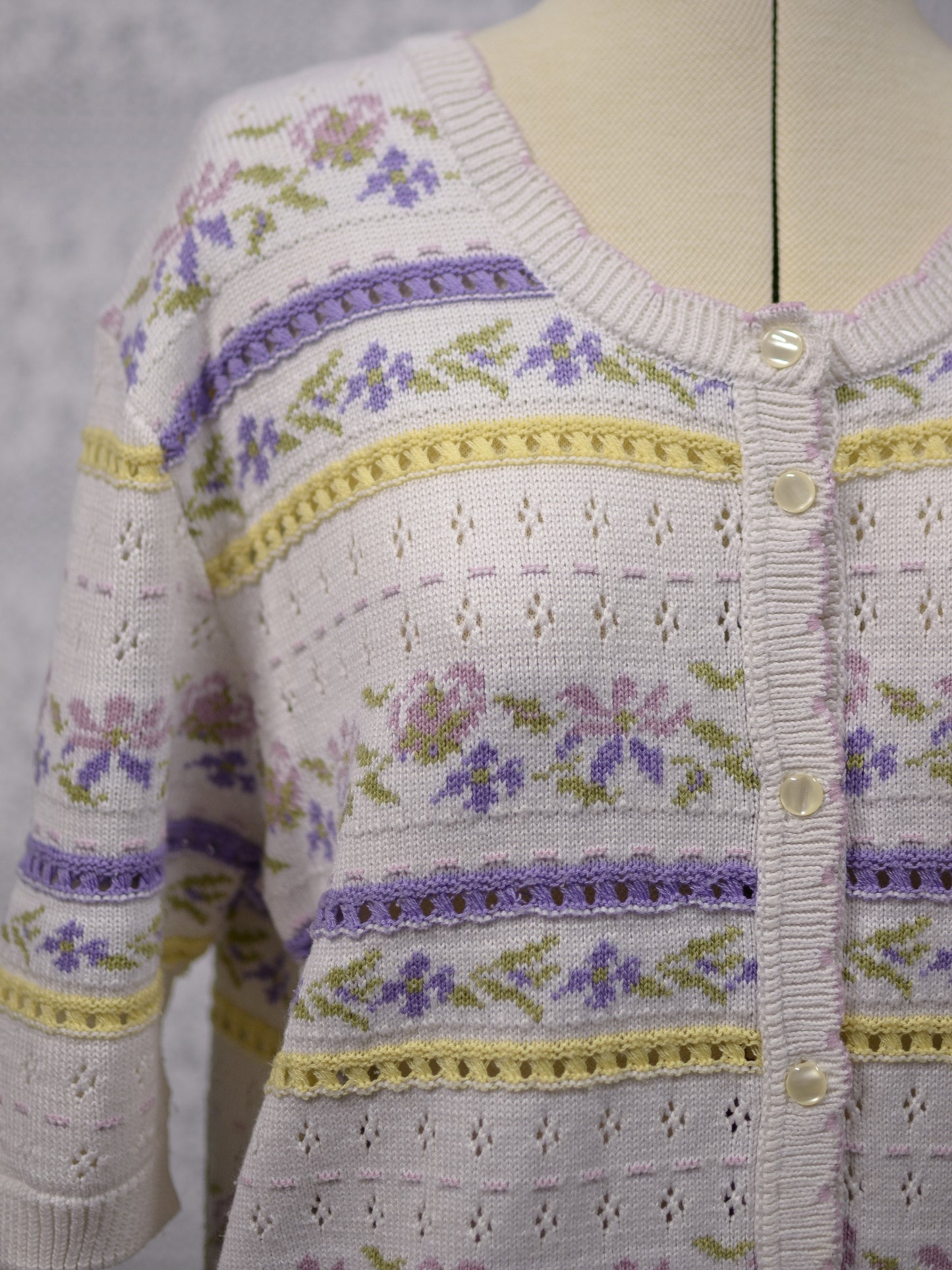 1990s St Michael cream, purple and yellow floral knitted short sleeve cardigan