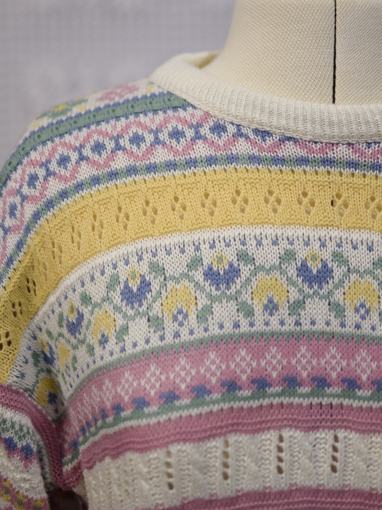 1990s pink, yellow and blue floral striped short sleeve jumper