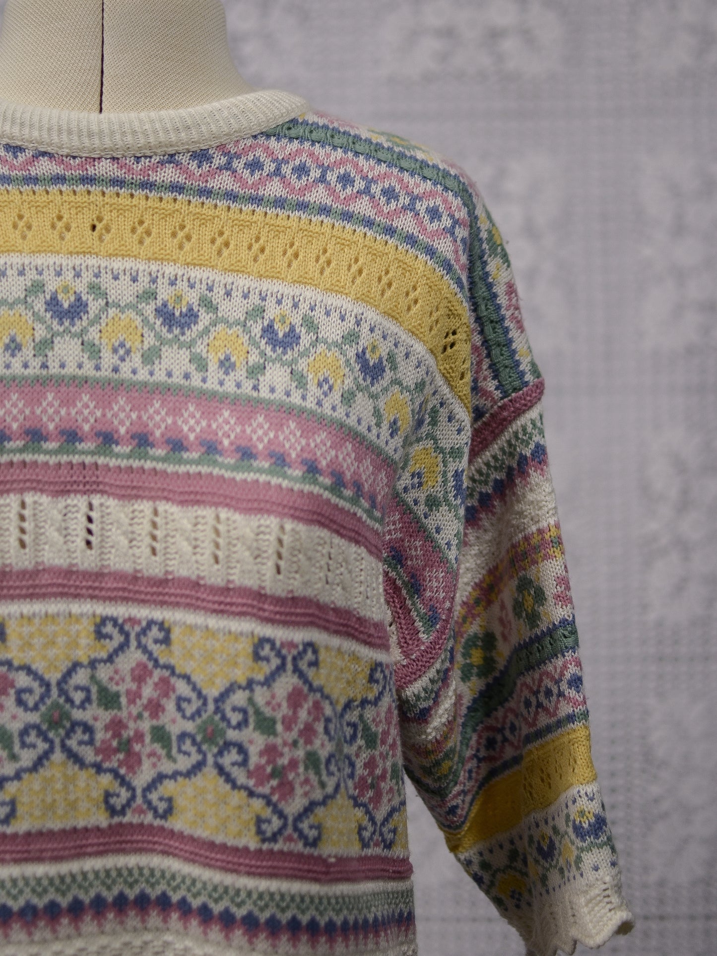 1990s pink, yellow and blue floral striped short sleeve jumper