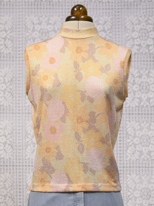 1960s St Michael orange and pink floral lurex high neck sleeveless stretch top