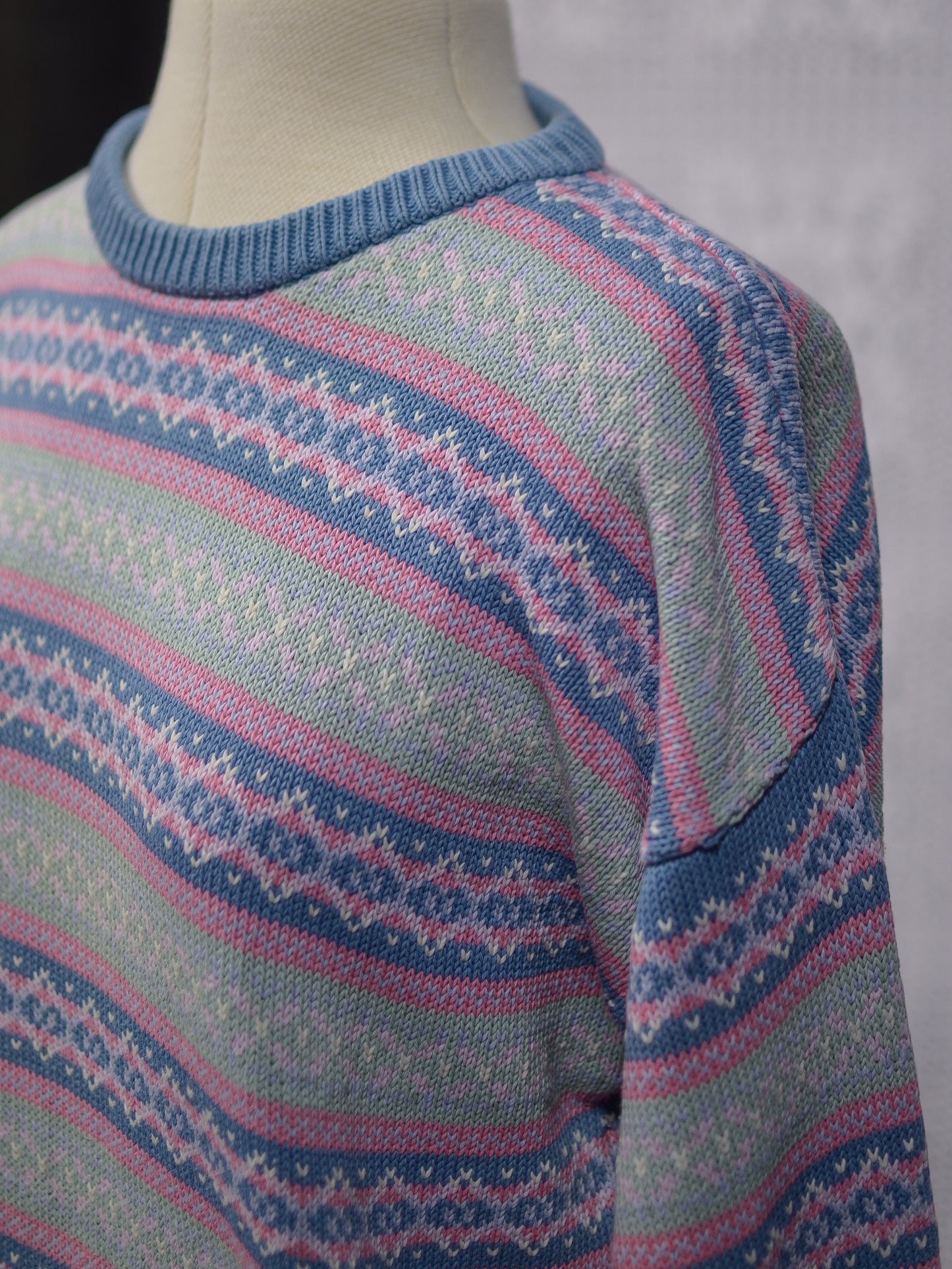 1990s Laura Ashley turquoise and pink striped fair isle striped cotton jumper
