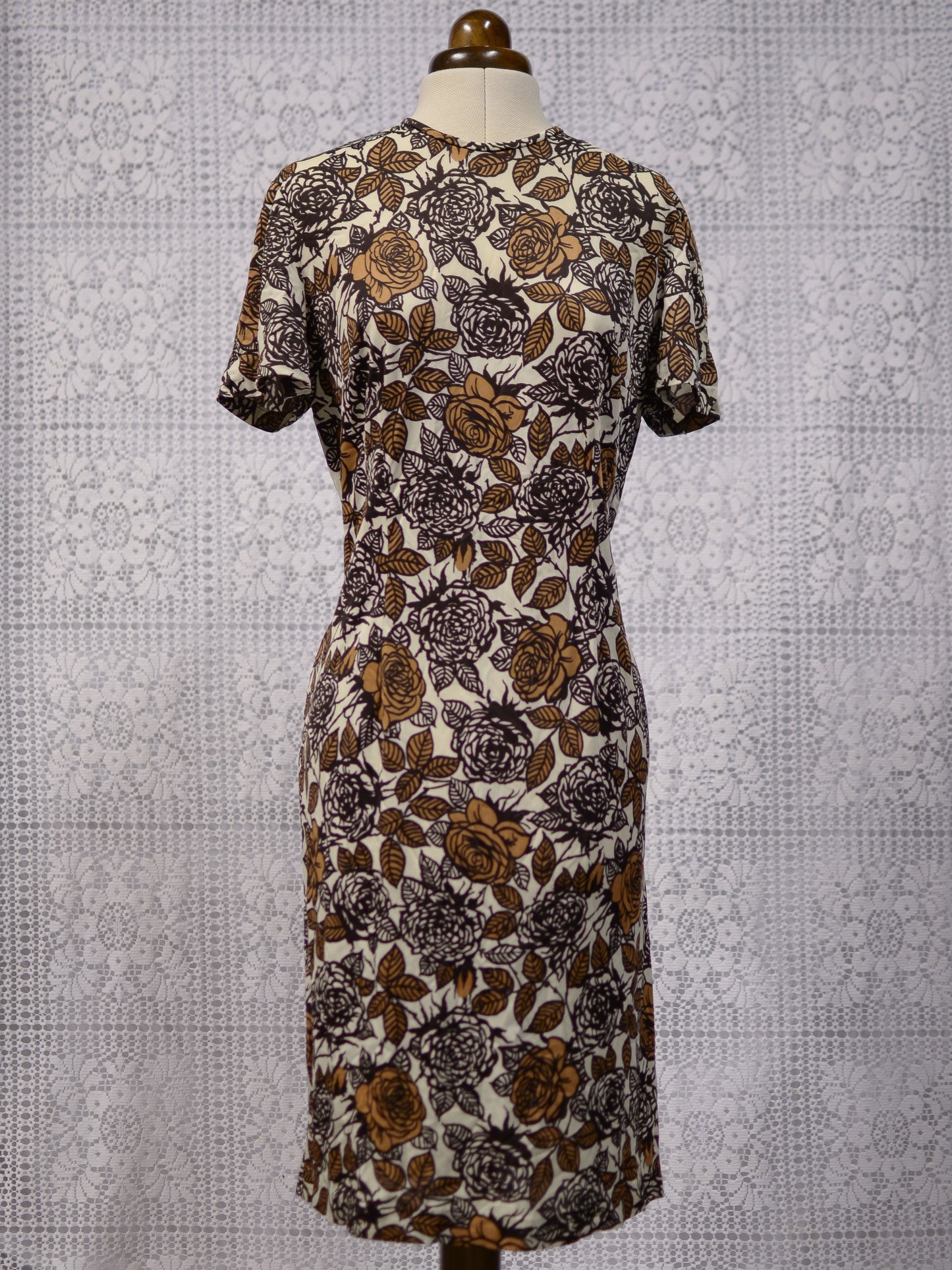 1970s cream and brown rose pattern fitted wiggle dress