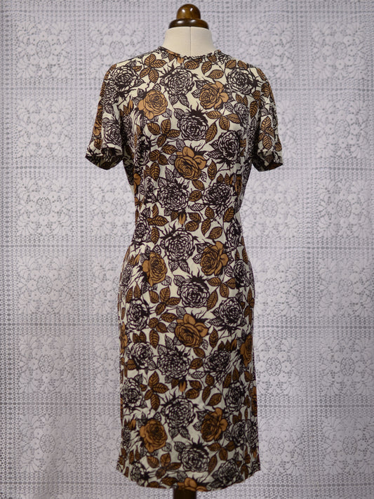 1970s cream and brown rose pattern fitted wiggle dress